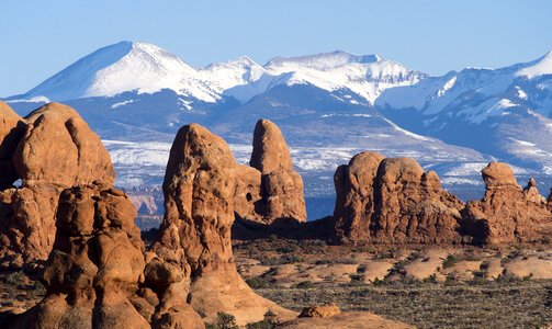 Rock and Mountains in the landscape in Arches National Park photo