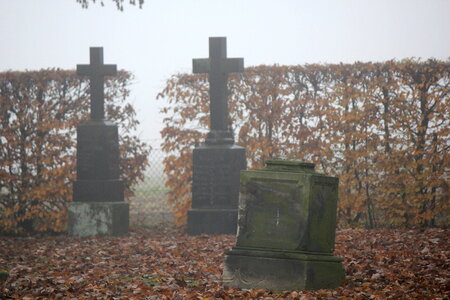 Tombstones in fog photo