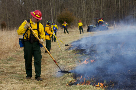 Firefighters with shovels in hand