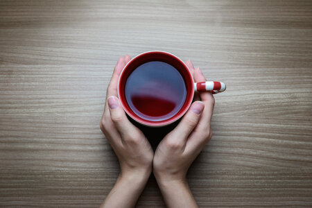 Woman holding hot cup of tea photo