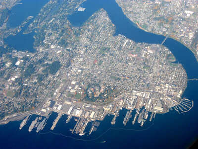 Aerial view of the city with Puget Sound Naval Shipyard in Washington photo