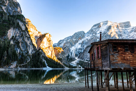 Boathouse at Pragser Wildsee, South Tyrol, Italy photo