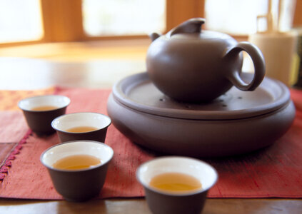 Asian tea set on mat,Closeup. photo