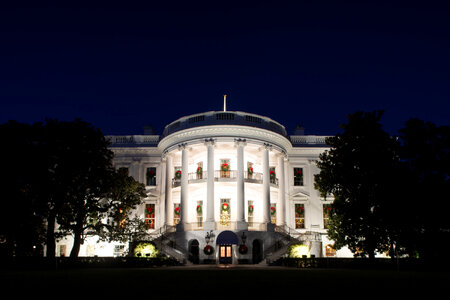 The White House at night with Christmas lighting