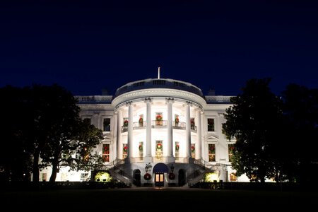 The White House at night with Christmas lighting photo