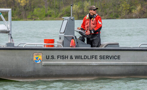 USFWS Fisheries crew in boat preparing for lake sturgeon field work-4