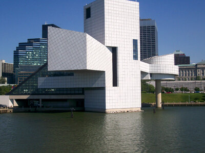 Rock and Roll hall of fame on the river in Cleveland, Ohio photo