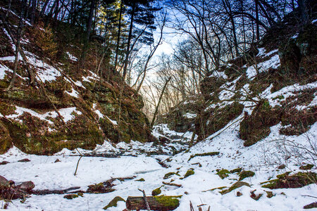 Landscape view with snow in the gorge in Parfreys Glen, Wisconsin