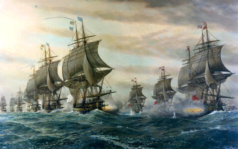 Naval Battle between French and British at Chesapeake Bay. American Revolution