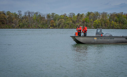 USFWS Fisheries crew in boat preparing for lake sturgeon field work