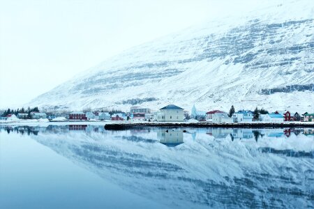 Snow Ice Reflections Water Calm Serene Cold Town photo