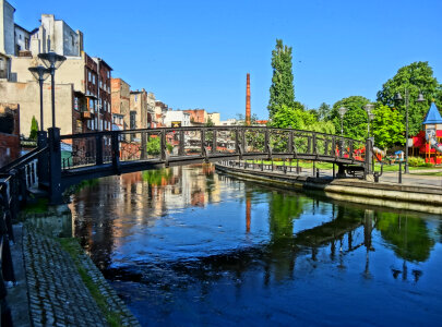 Bydgoszcz Canal with metal footbridge, Bydgoszcz, Poland photo
