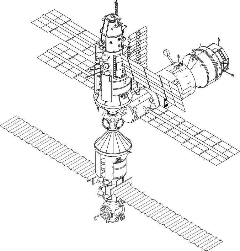 Mir base block (center), Kvant (right), Kvant 2 (top), and Kristall (bottom) (1990)