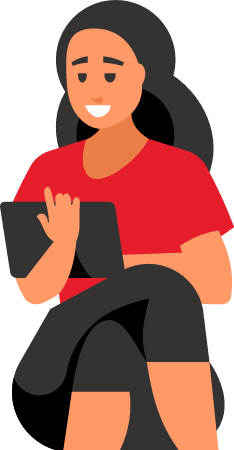 A woman is holding a tablet while sitting