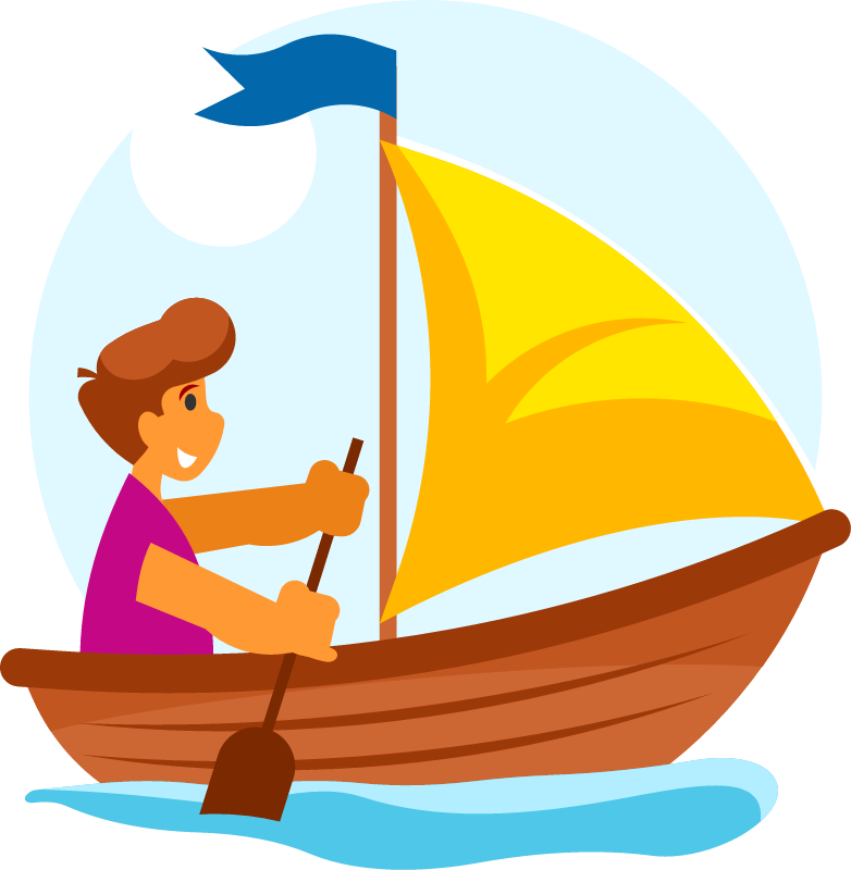 Boy Steering Wooden Boat with Sail