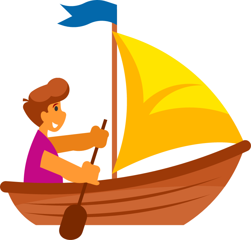 Boy Steering Wooden Boat with Sail