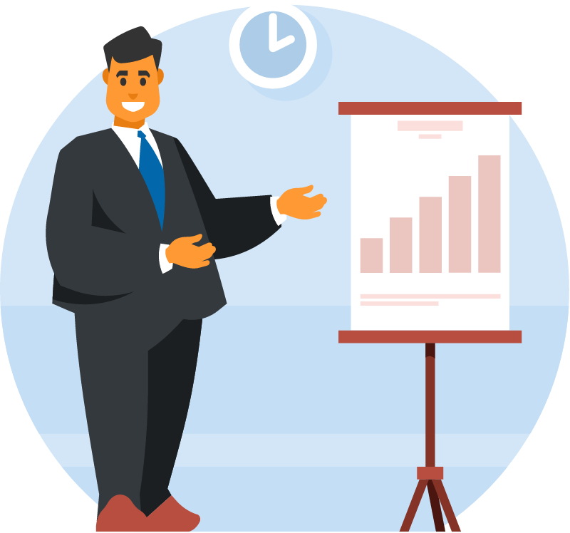 Businessman Confidently Presenting Growth Charts