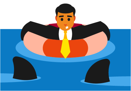 Businessman Floating in Lifebuoy to Escape Sharks