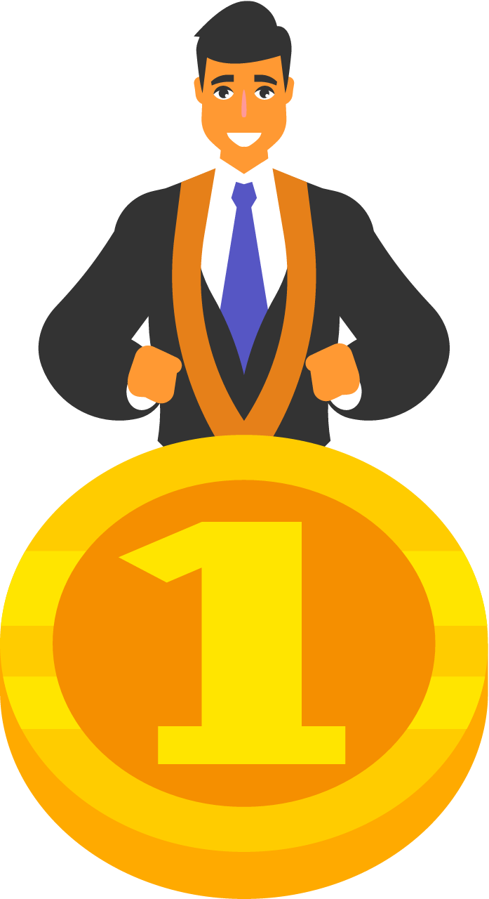 Businessman Holding Large Gold Medal Around Neck