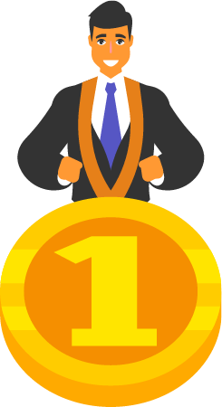 Businessman Holding Large Gold Medal Around Neck