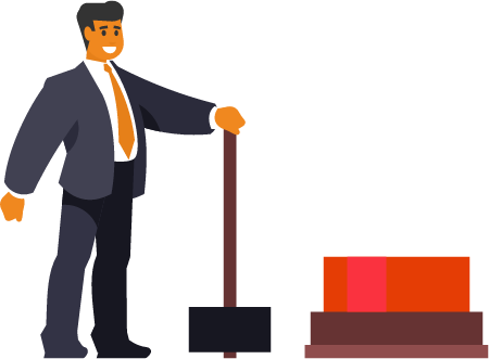 Businessman Poised with Sledgehammer Over Red Button