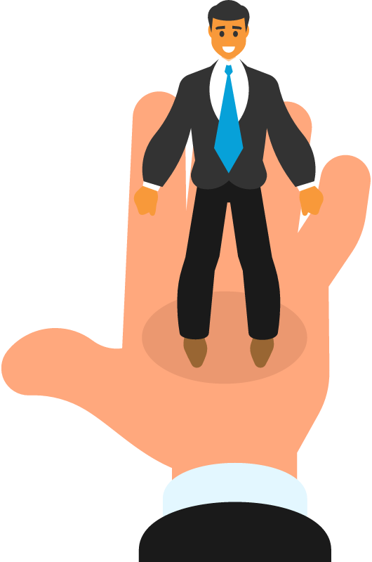 Businessman Posed on Giant Palm Symbolizing Control