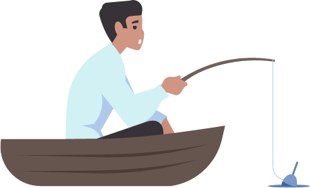 Businessman Rowing and Fishing in Wooden Boat