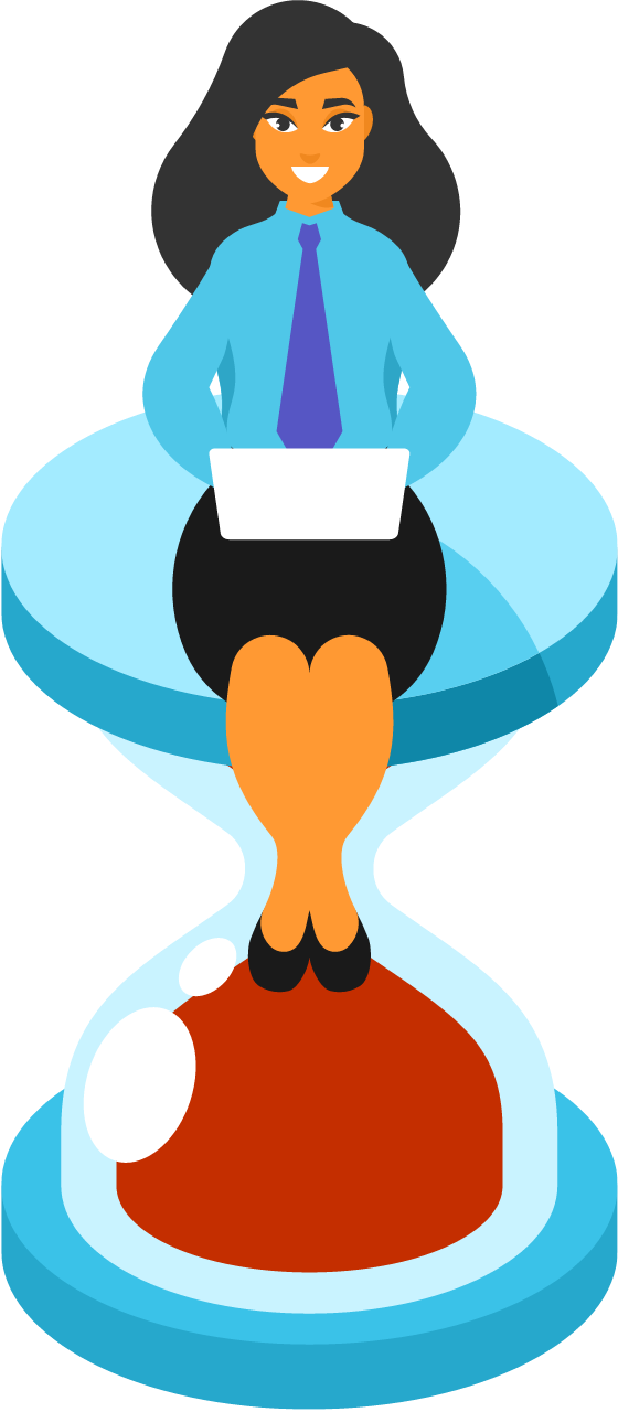 Businesswoman Symbolizing Time by Sitting on Hourglass