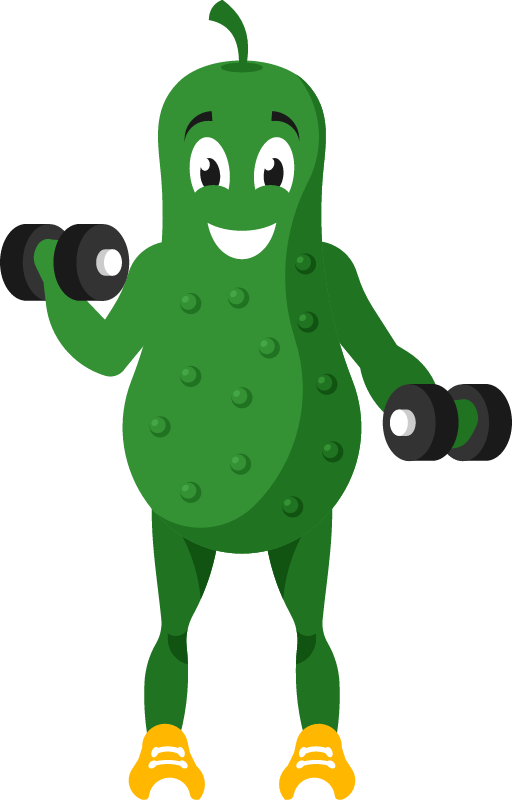 Cartoon Cucumber Character Exercising with Weights