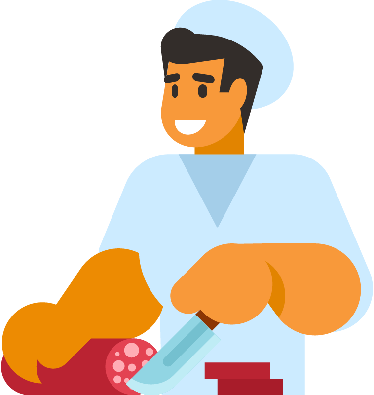 Chef Cutting Sausage with Knife