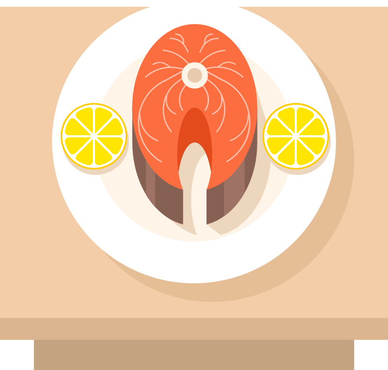 Fish dish with lemon slice on a plate