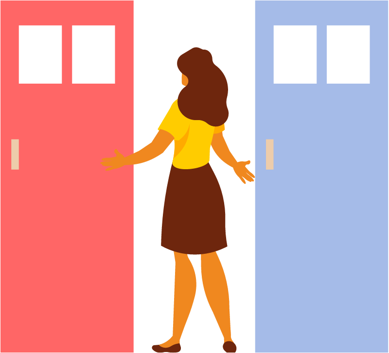 Woman in Front of Two Door Choices