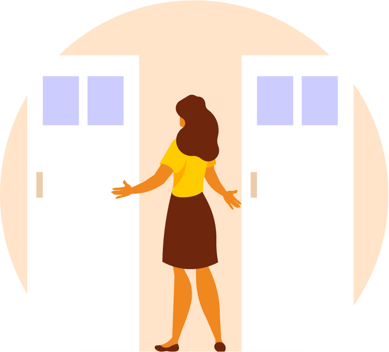 Woman in Front of Two Door Choices