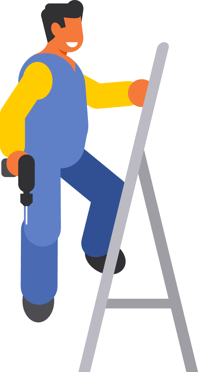 Worker Using Screwdriver on Ladder