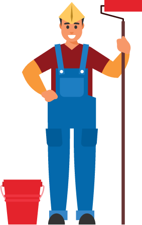 Worker with roller paint brush and bucket