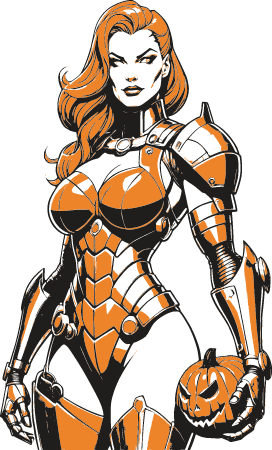 Cyborg Woman Holding Jack-o-Lantern
