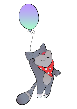 Cat floating with purple balloon