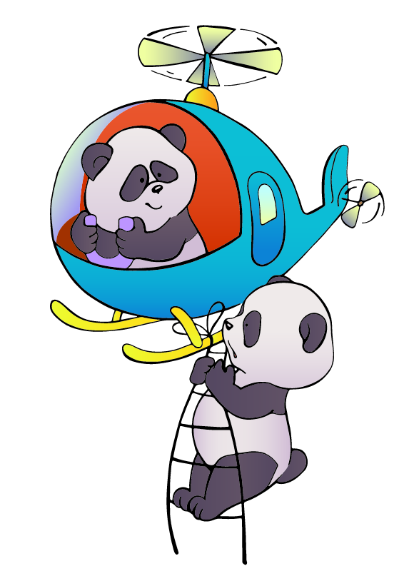 Pandas flying in blue helicopter