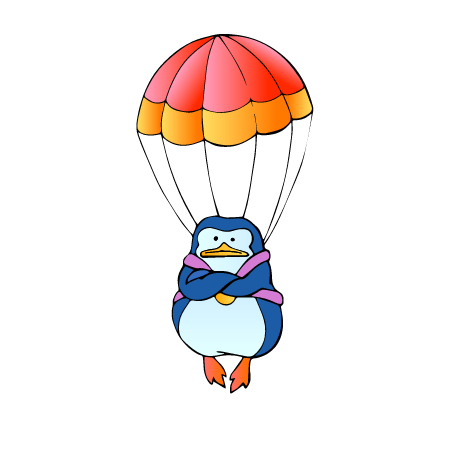 Penguin flying with red parachute