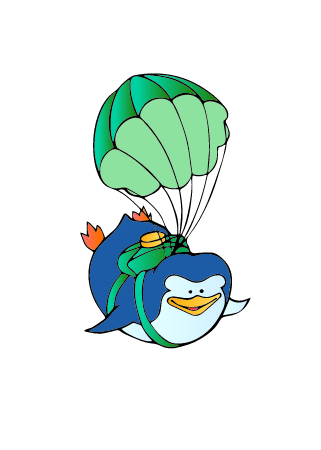 Penguin flying with green parachute
