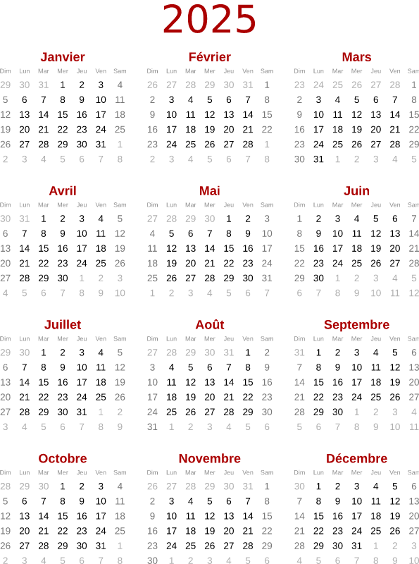2025 Calendar (French Translation)