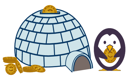 Penguin with Coin and Igloo Bank
