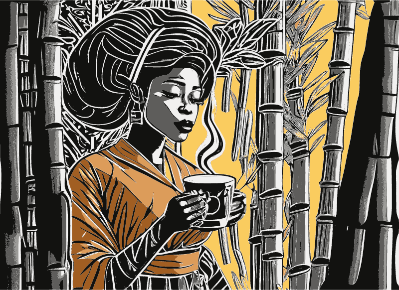 AI Woman Drinking Tea in Bamboo Forest