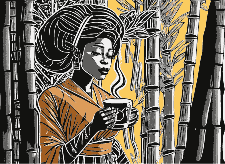 AI Woman Drinking Tea in Bamboo Forest