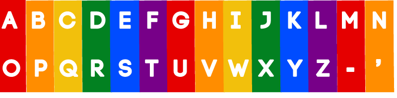 Rainbow ABCs (White Text on LGBT Colors, Reversed Impact)