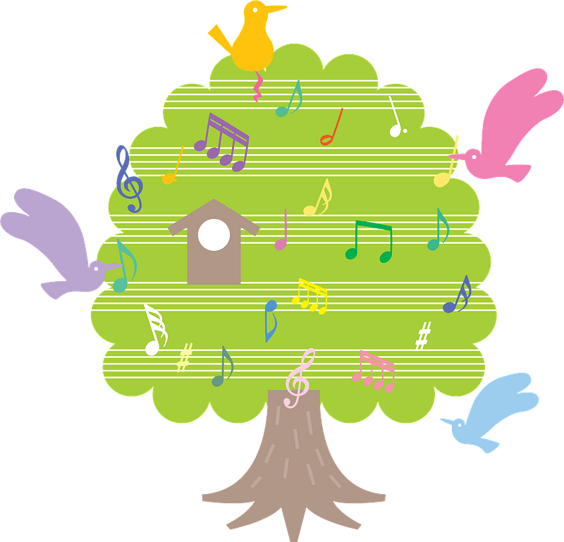 Musical notes and birds in a tree