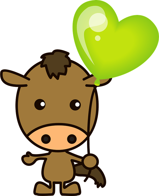 Horse is holding a heart balloon
