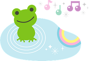 Frog, music notes, and rainbow reflected in the puddle
