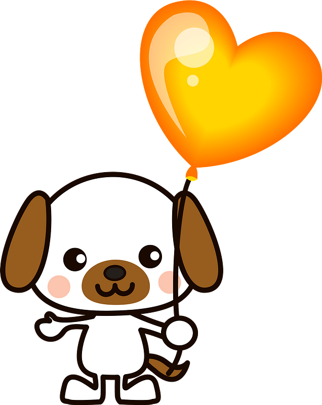 Dog is holding a heart balloon