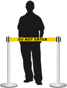 Retractable belt stanchion / airport barrier with a man